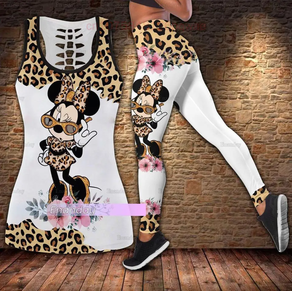 2024 New Minnie Women\'s Hollow Vest Women\'s Leggings Yoga Suit Fitness Leggings Sports Suit Disney Tank Top Legging Set Outfit