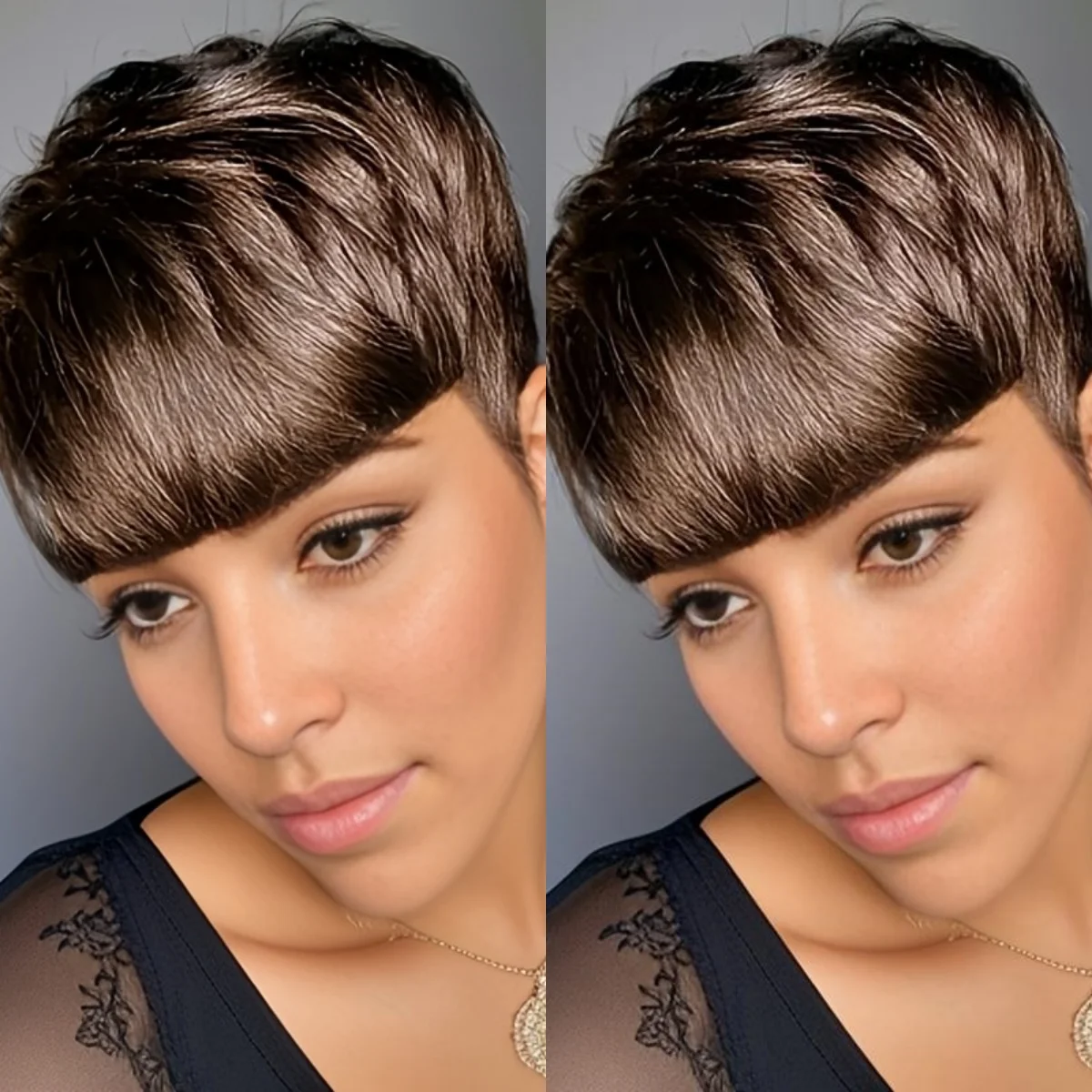 ピクシーカットウィッグ 女性用 ストレート人毛ウィッグ 前髪付き ナチュラル