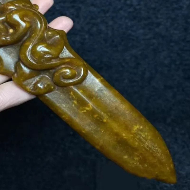 Chinese Collection Antique Handicrafts Jade Carvings Xiuyu Old Jade Auspicious Beasts Dragon Reliefs Handles Piece Ornaments