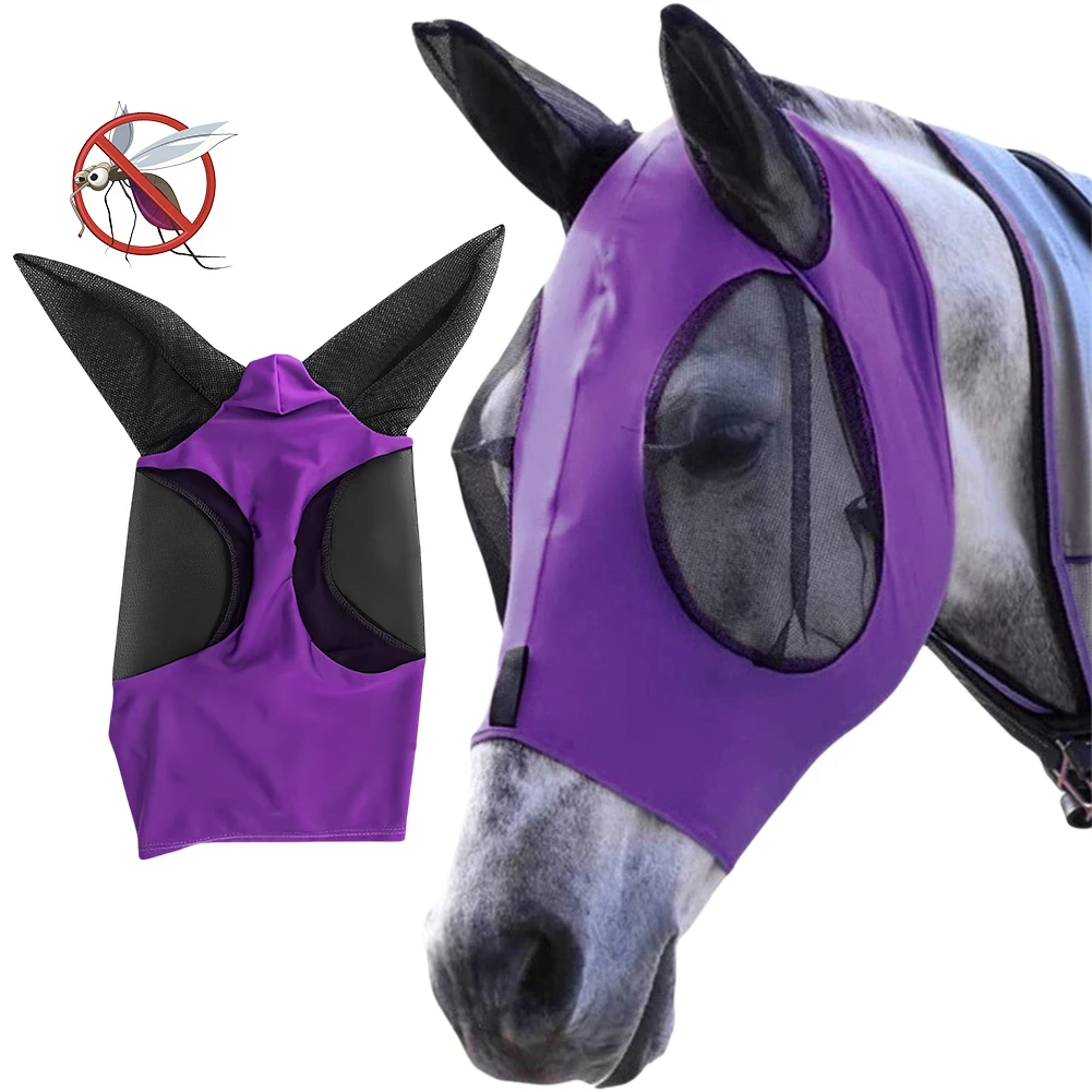 Anti-Fly Horse Face Mask Anti Mosquito Horses Mask Stretchy Knitted Mesh Mask Ear Protector Horse Riding Equestrian Equipment