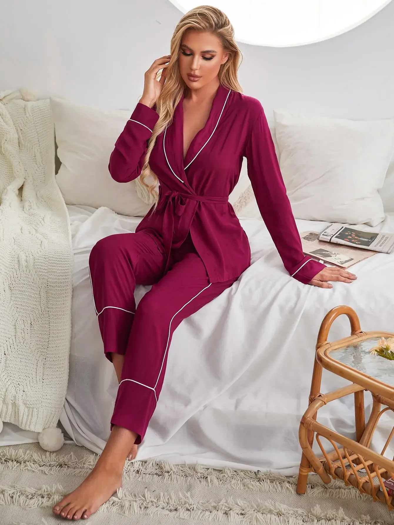 Solid Women Pajama Set Wrap V Neck Long Sleeves Waist Belt Top & Long Pants Sleepwear 2 Pieces Female Nightwear Homwear Cloth