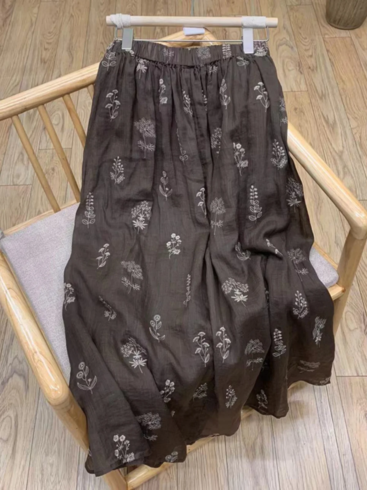 Heavy Embroidery Linen Half Skirt High Waist Large Size Women's Loose Artistic Summer Skirts Cotton Flax Other Materials