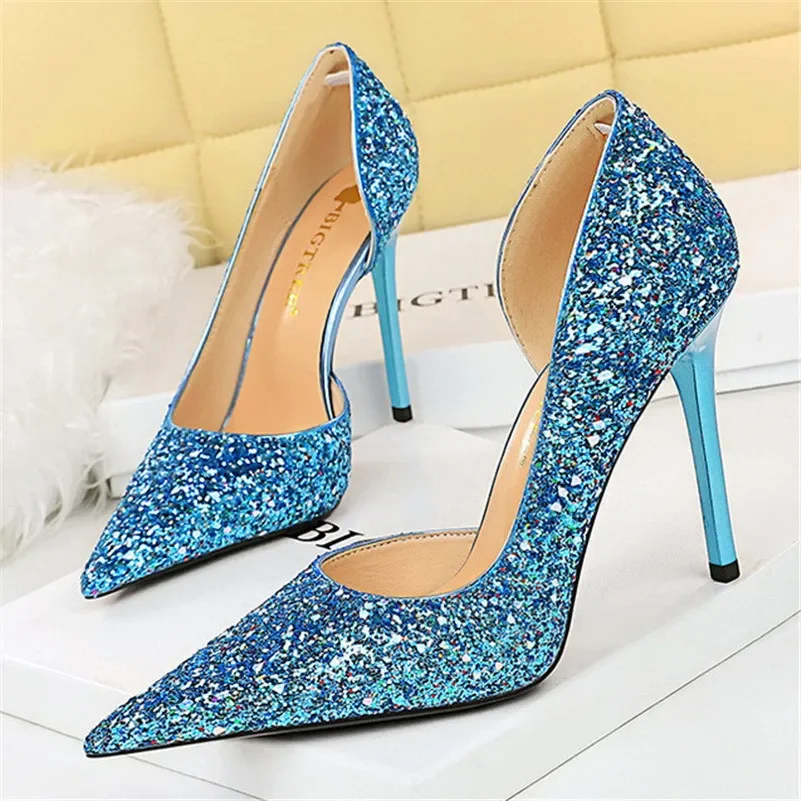 

Women 7cm 10.5cm Super High Heels Blue Gold Pumps Sexy Sequins Bling Low Heels Lady Scarpins Luxury Stiletto Sparkly Party Shoes