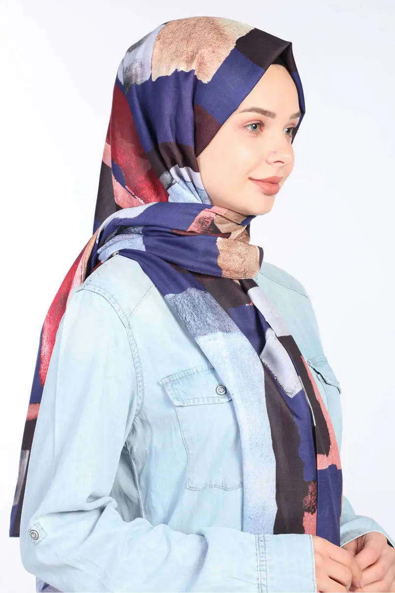 ShantuQ Stripe Pattern Color Soft Twill Shawl Navy Blue