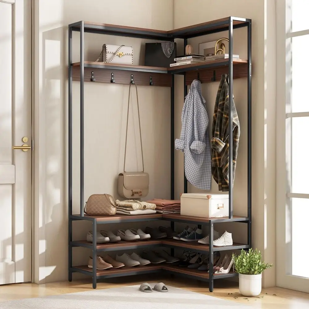 

70 Inch Hall Tree with Bench, Shoe Storage, and 7 Hooks - Brown Metal Entryway Furniture