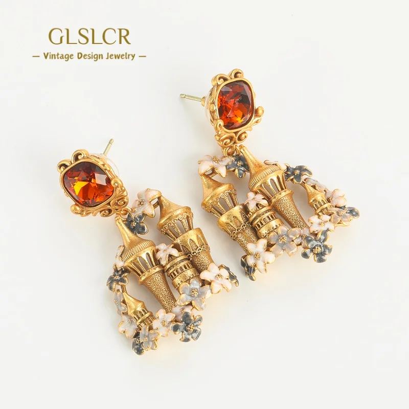 

Vintage Gold Color Castle Drop Dangle Earring Charm For Women Flower Luxury Jewelry Designer Red Crystal Retro New 2025 Trend
