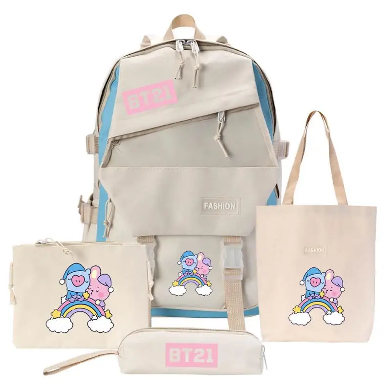 4Pcs Anime Bt21 Bt21 School Bag Backpack Crossbody Bag Four-Piece Set Creative New Student Handbag Pencil Case Gift for Kids