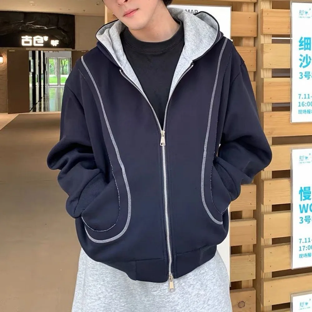 Couples Trendy Loose Hoodie Oversized Patchwork Design Retro Zip Jacket for Men & Women Casual Slimming Outerwear