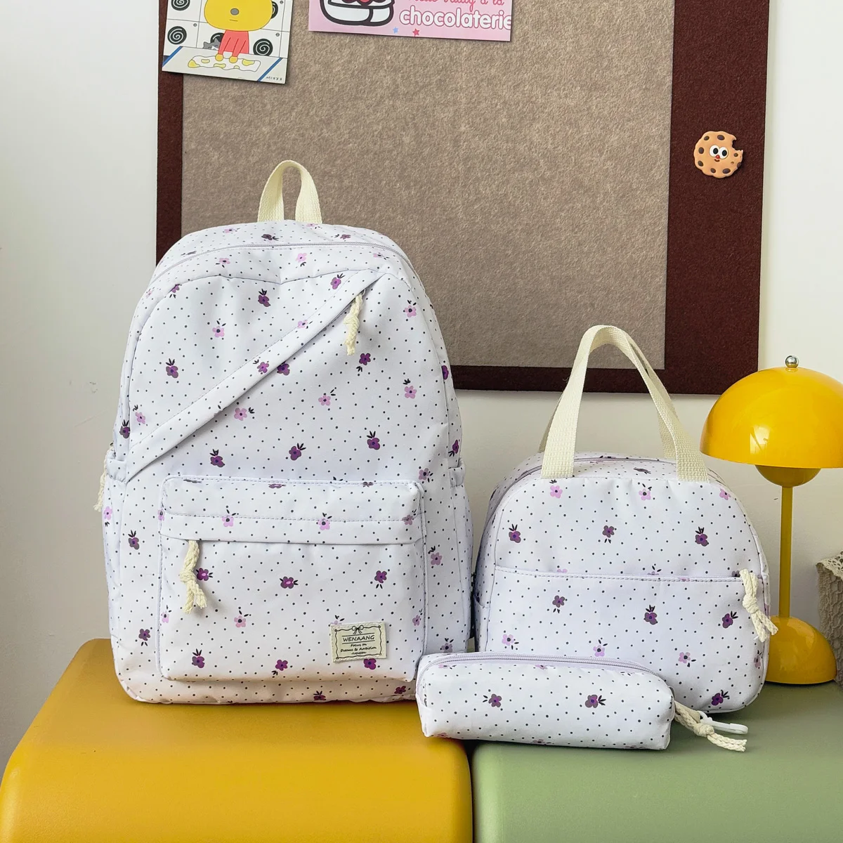 Youth Polka Dot Strawberry Print Three Piece Backpack Set Lightweight Multifunctional Slanted Zipper Backpack Campus Outdoor