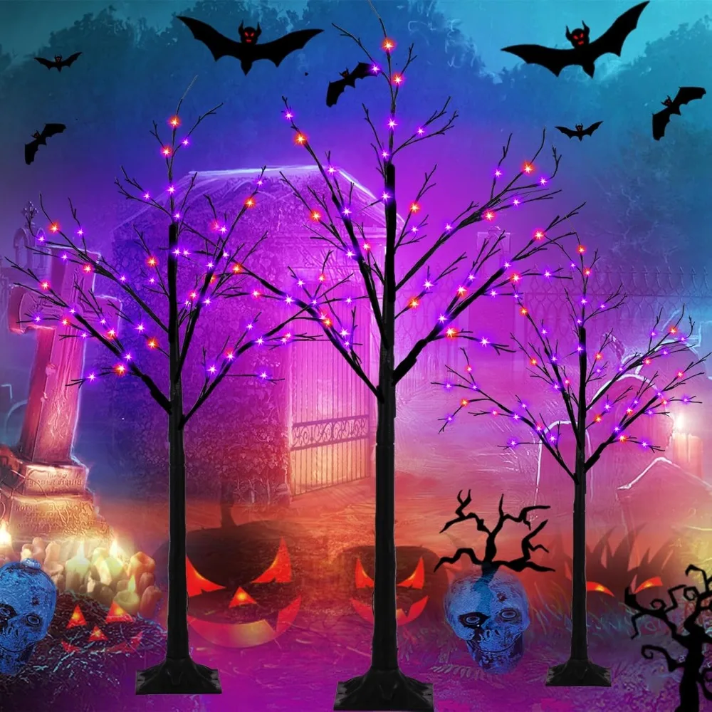 

Set of 3 Lighted Black Halloween Tree, Higher Size, Timer Function Orange and Purple Spooky Tree with 288 LED Lights for Indoor