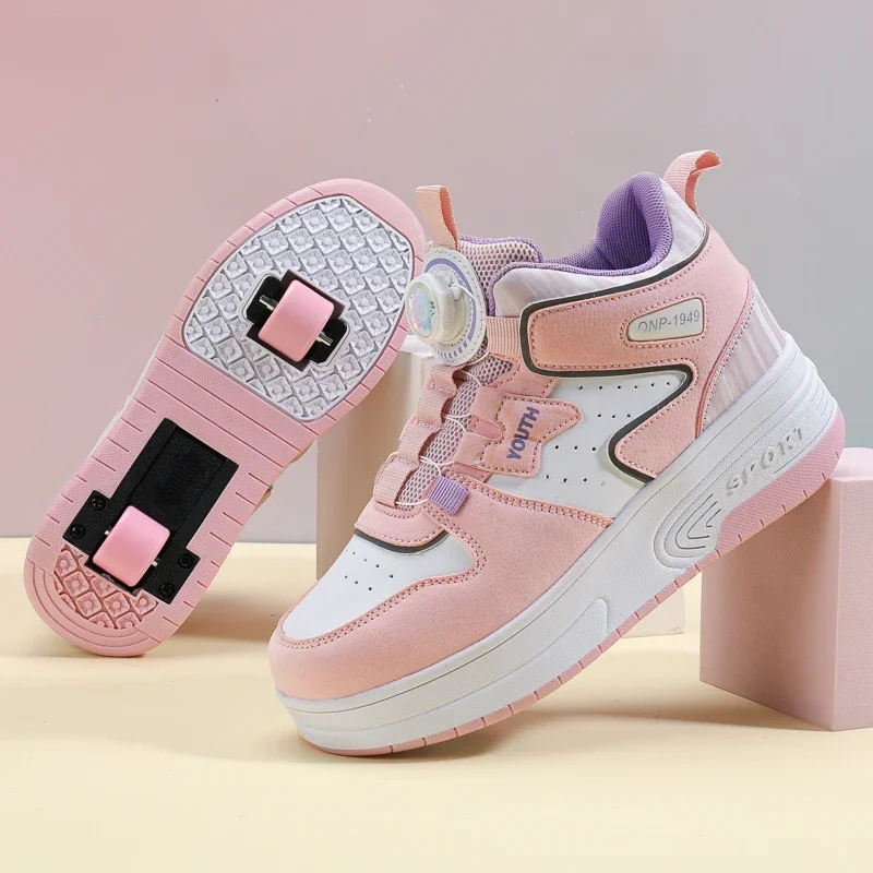 Popular Kids Walking Shoes for Boy White Pink Childrens Girls Roller Skating Shoelaces with Retractable Wheels Leather Kids Shoe