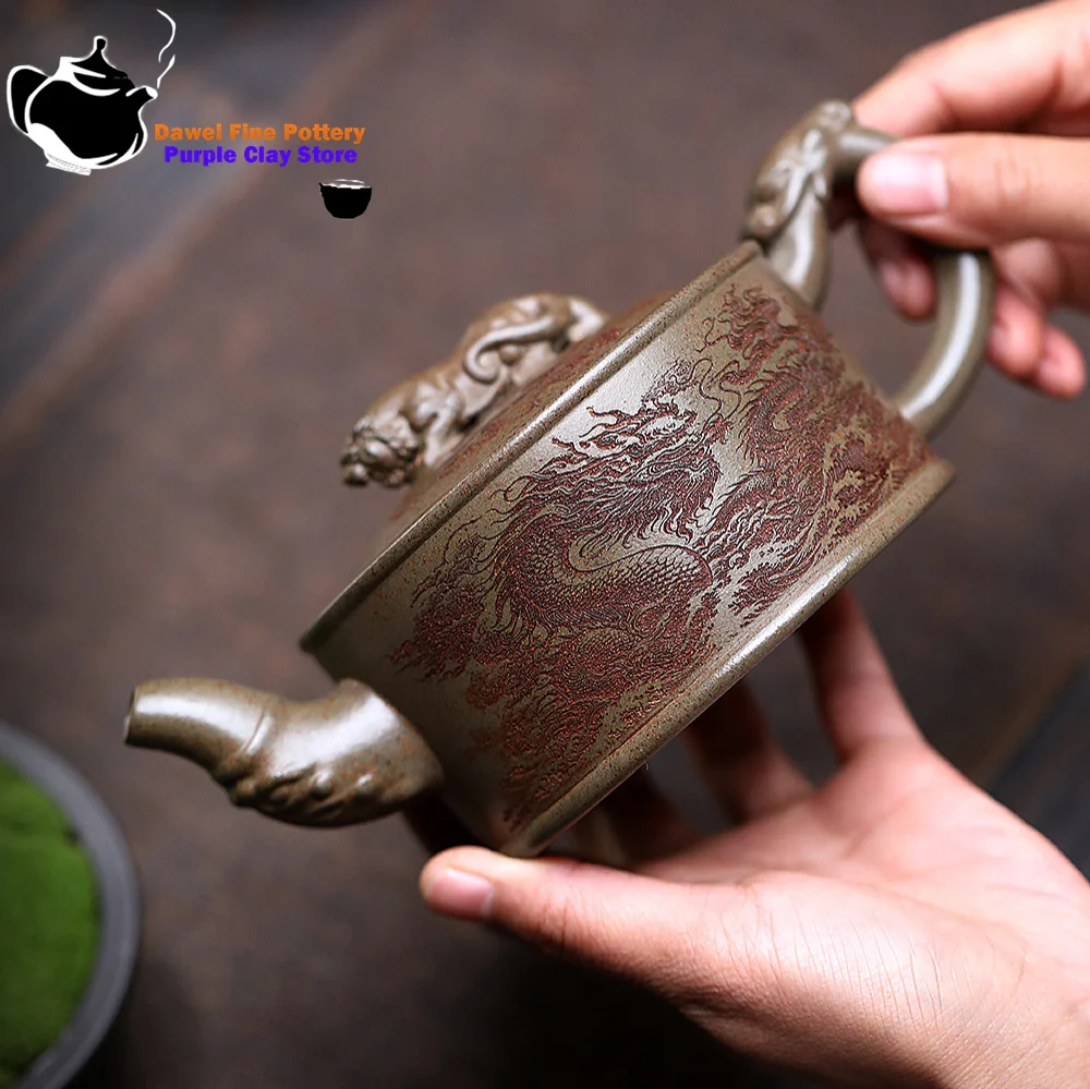 إبريق شاي من الطين الأرجواني من ييشينغ، خام أصلي، ظهر التنين، الطين الأخضر المخفي التنين النمر وعاء التنين المخفي الكونغ فو، طقم شاي صيني