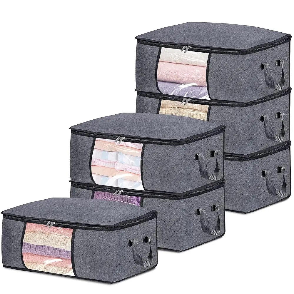 6 Pack Clothes Storage Bags with Zipper, Foldable Blanket Storage Box with Clear Window Reinforced Handles for Closet, Dorm,