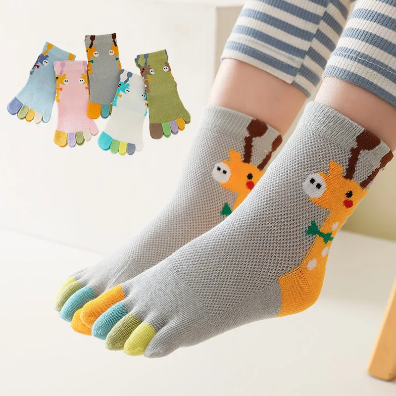 5 Pairs Children Cartoon Thin Cotton Five Finger Socks Summer Mesh Cute Giraffe Animal Socks with Toes for Baby Boys Girls Gift