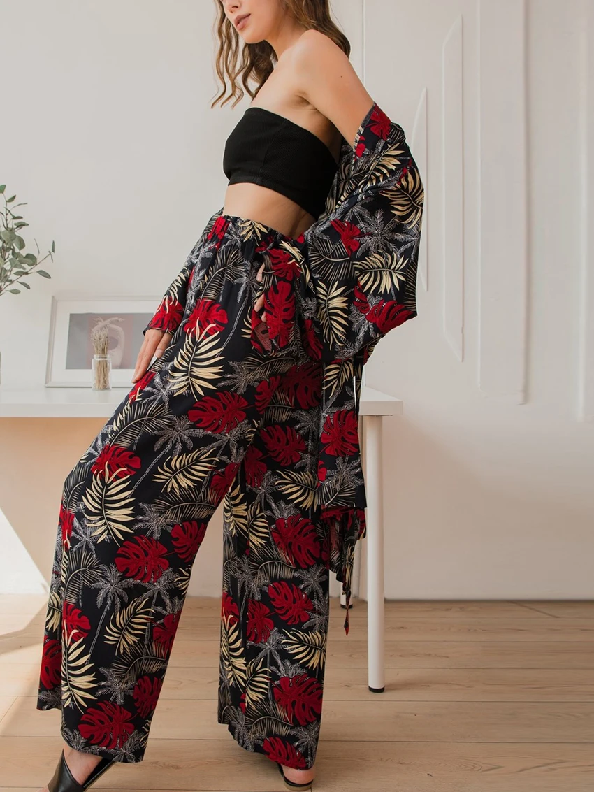 Marthaqiqi Printing Female Nightwear Suit Long Sleeve Pajamas Sexy V-Neck Robe  Lace Up Nightgowns Pants Loose Women Pyjamas Set