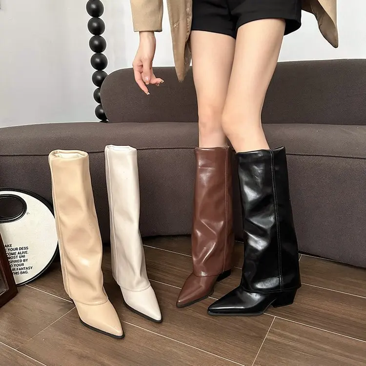 

Women Gladiator Long Boots Trend Pointed Toe Mid Heels Shoes Elegant Winter New Knee High Woman Knight's Snow Botas Pumps Mujer