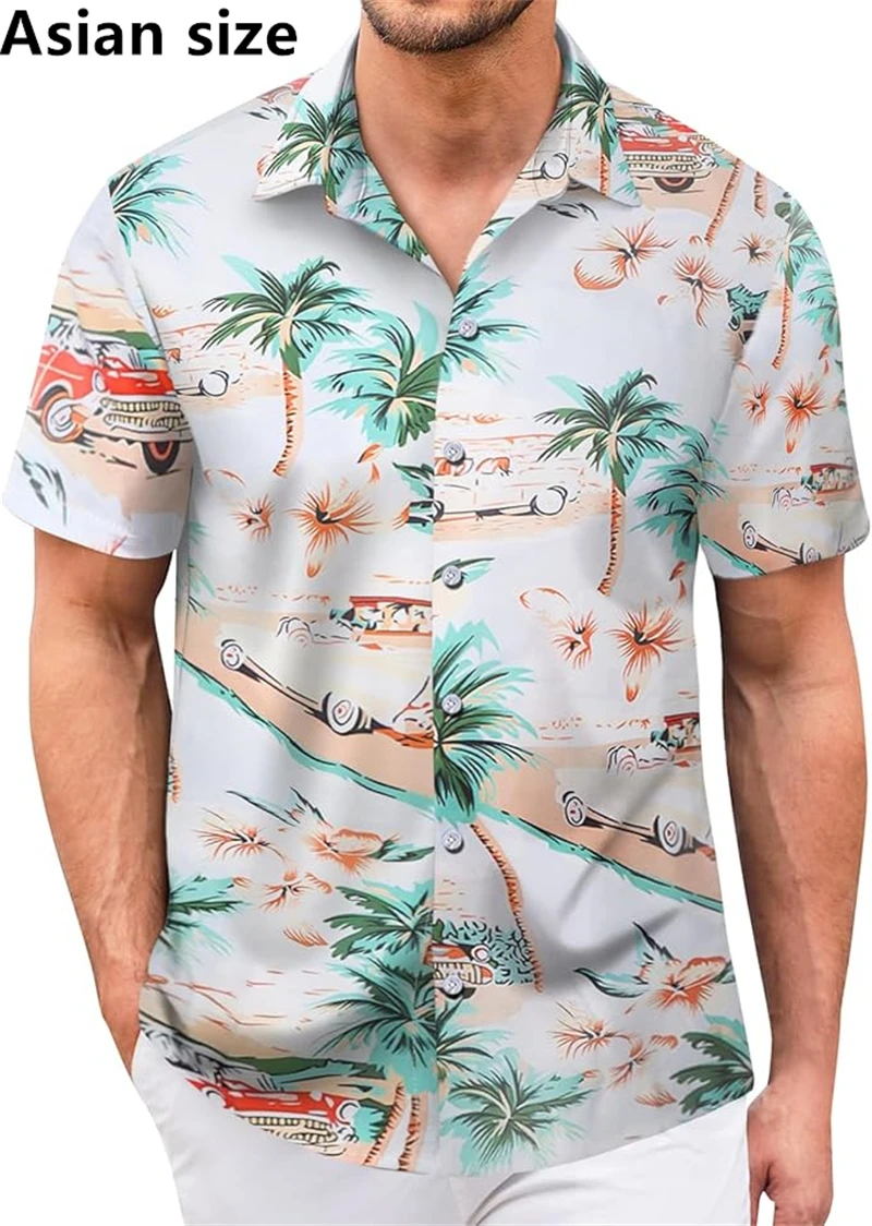 

New Men's Button Shirt Summer Short Sleeve Outdoor Everyday Shirt Tops Hawaiian Landscape Printed OverSize Loose Men Clothing