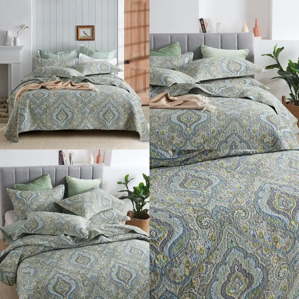 

King Size Autumn Dream Cotton Quilt Set, 3-Piece Reversible Comforter Coverlet, Classical Damask Paisley Design