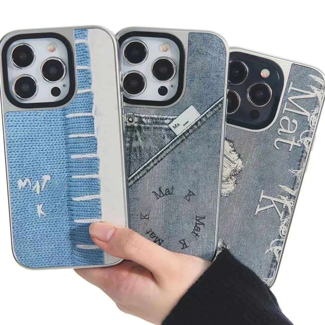 MagSafe Mirror Silver Border Denim Pattern Phone Case Cover for IPhone 12 13 14 15 16 Pro Max Case for IPhone 16 Pro Max