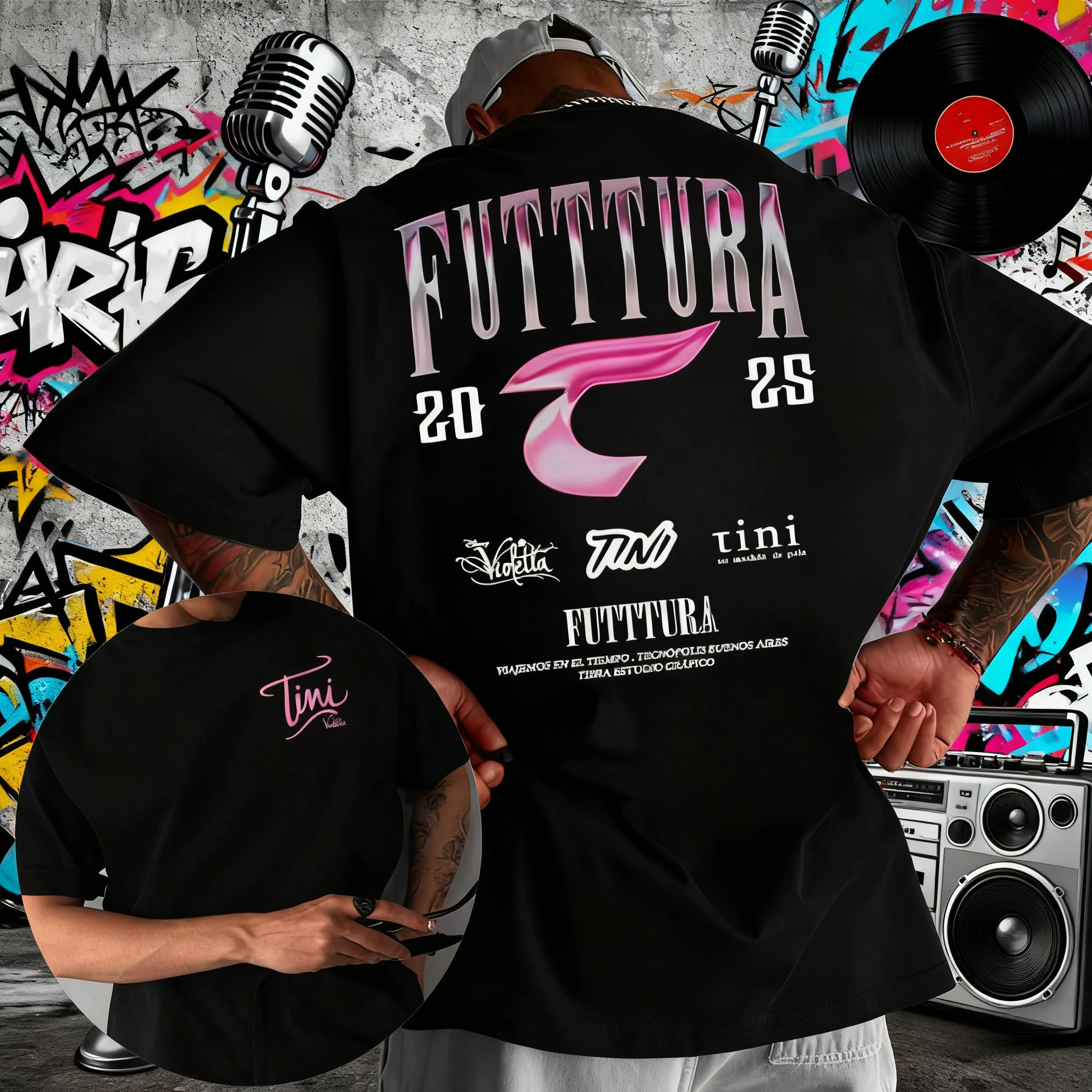 2025 الصيف المغني TINI STOESSEL Futura ألبوم جولة تي شيرت الرجال موضة ريترو القطن تي شيرت عادية فضفاض تي شيرت
