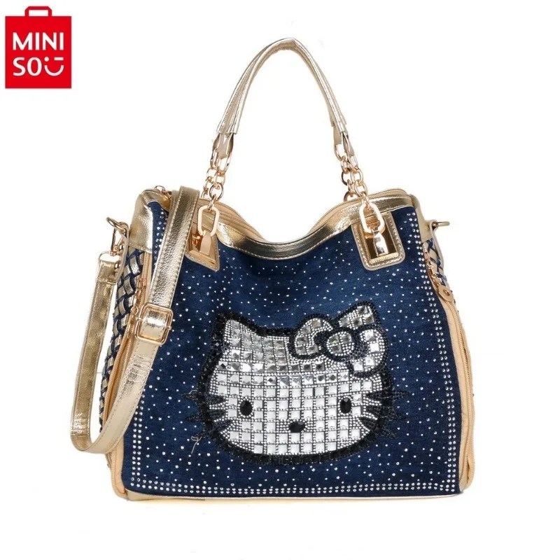 MINISO hello kitty fashionable retro denim studded diamond woven tote bag for women's trendy high-quality large capacity handbag