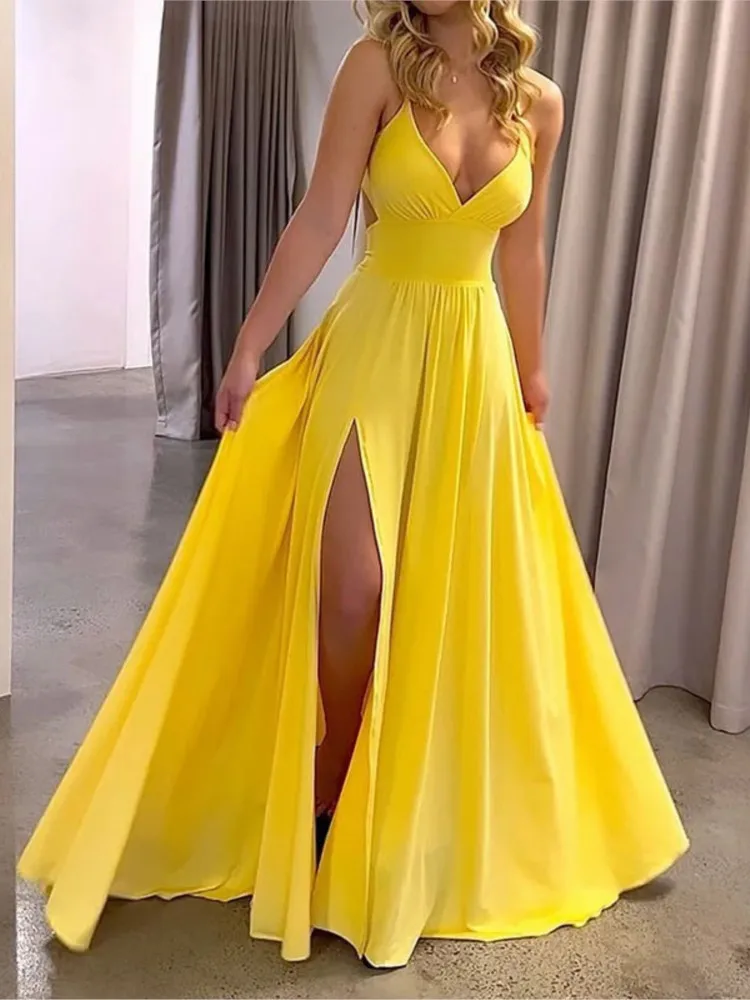 

Women Sexy Spaghetti Strap V Neck Dresses Hollow Out Sleeveless Side Split Evening Dress Elegant Solid High Waist Pleat Vestidos