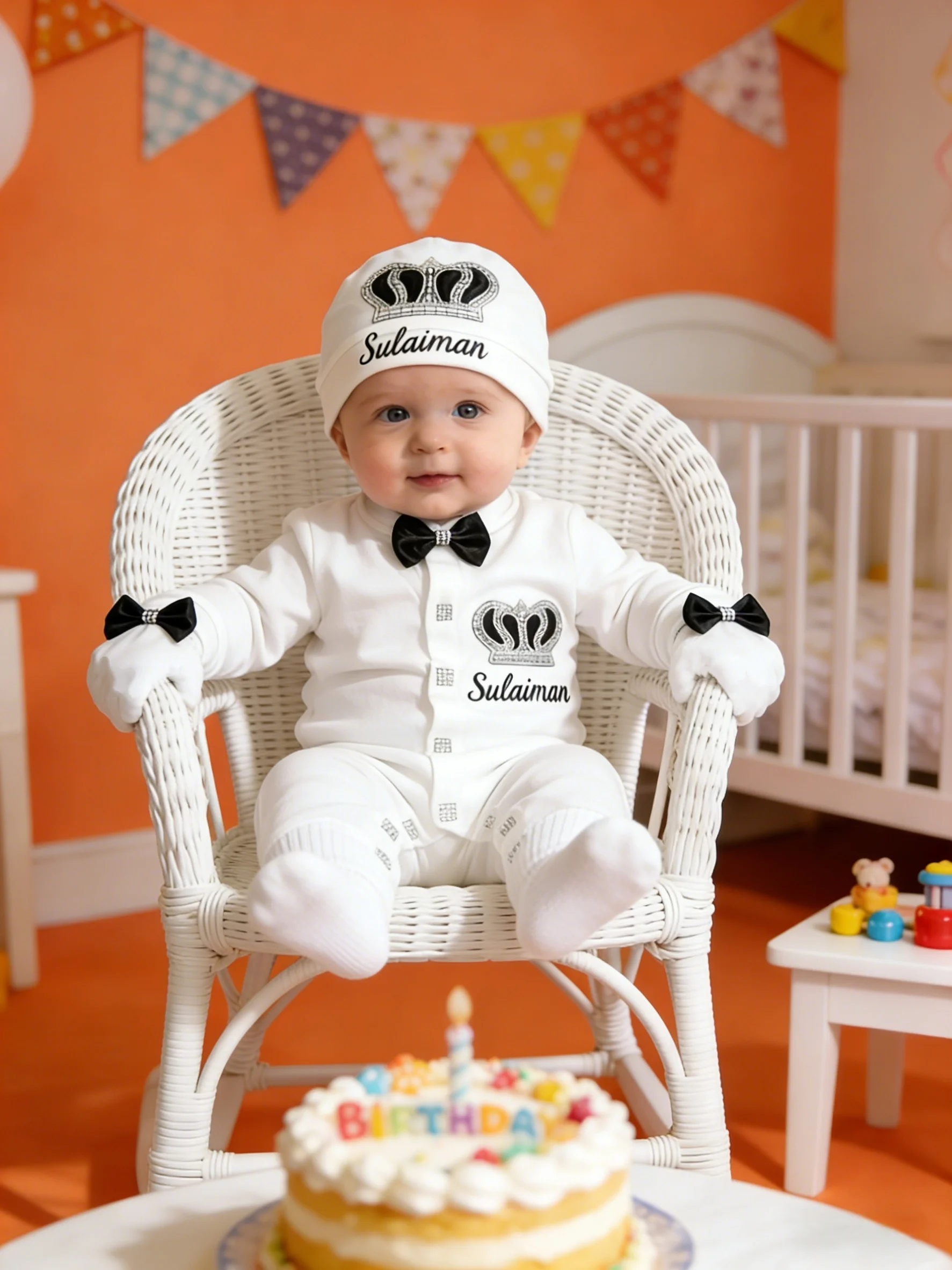 3PCS Deluxe Baby Prince Crown Outfit Personalized Newborn Footed Romper Black Bow Tie Cotton Jumpsuit Hat Mittens