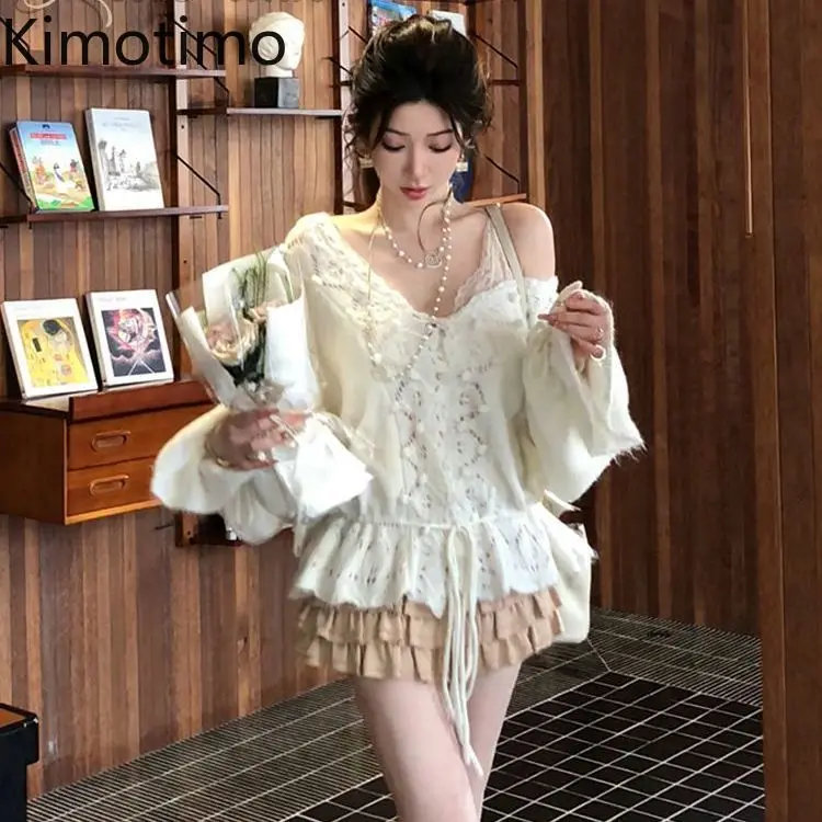 

Kimotimo Sweet Hollow Hook Flower Knitted Cardigan Women V Neck Drawstring Loose Sweater Autumn Fashion Solid Long Sleeve Tops