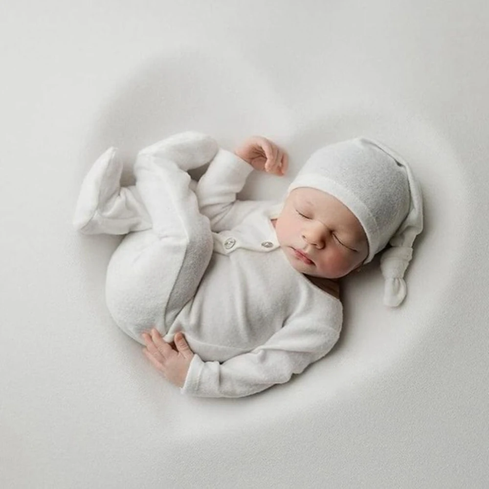 Newborn Baby White Long Sleeve Footed Romper Photography Outfit  Hat Infant Photo Shoot Baby Costume Newborn Outfit Props