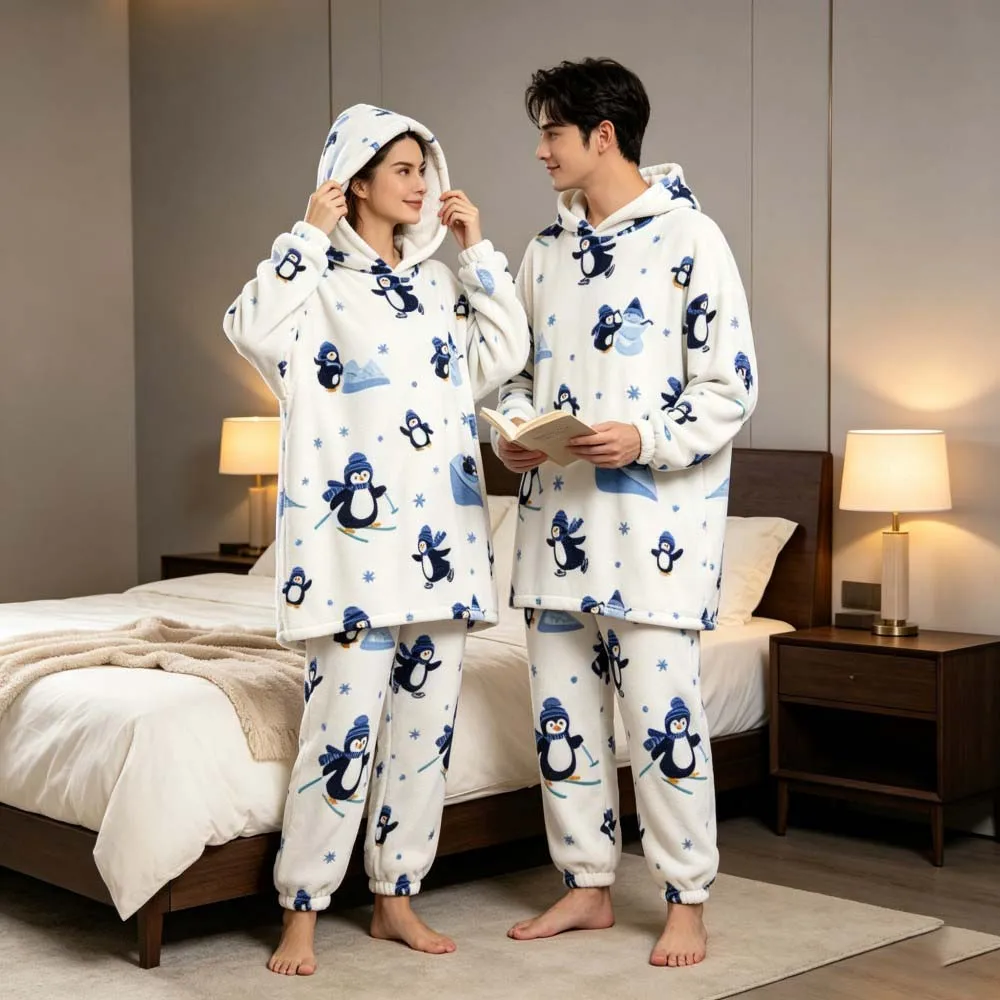 Matching Couple Pajamas Set Halloween Pumpkin Print Winter Oversize Blanket Hoodie and Pants Men Homewear Flannel Woman Pyjamas - view 4