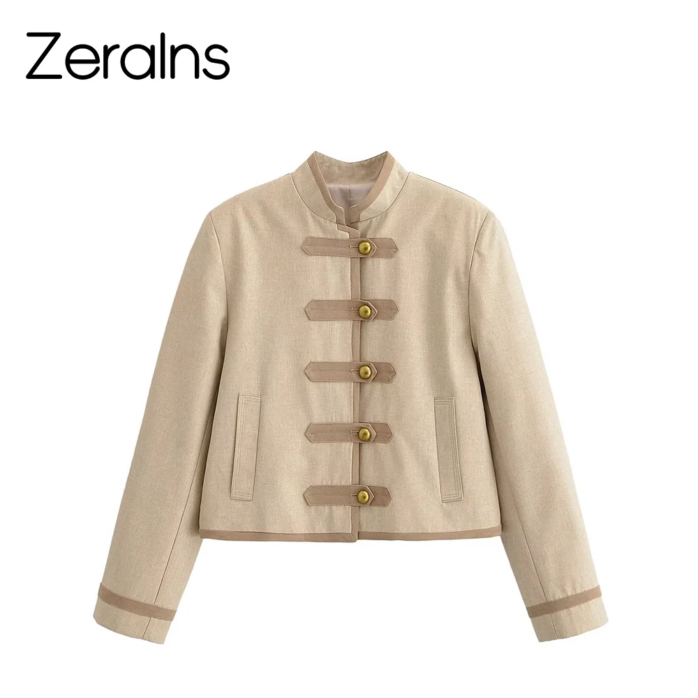 

ZERAINS Winter new women's clothing French minimalist style high neck long sleeved padded shoulder rope buttoned jacket jacket