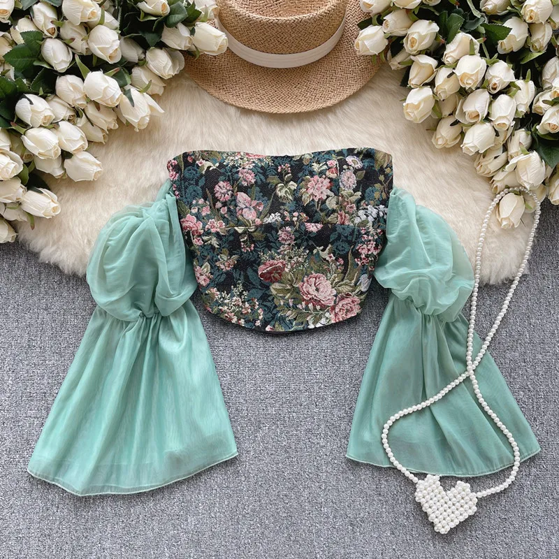 

Girl style oil painting Wrapped chest vest for women with summer mesh stitching design short top