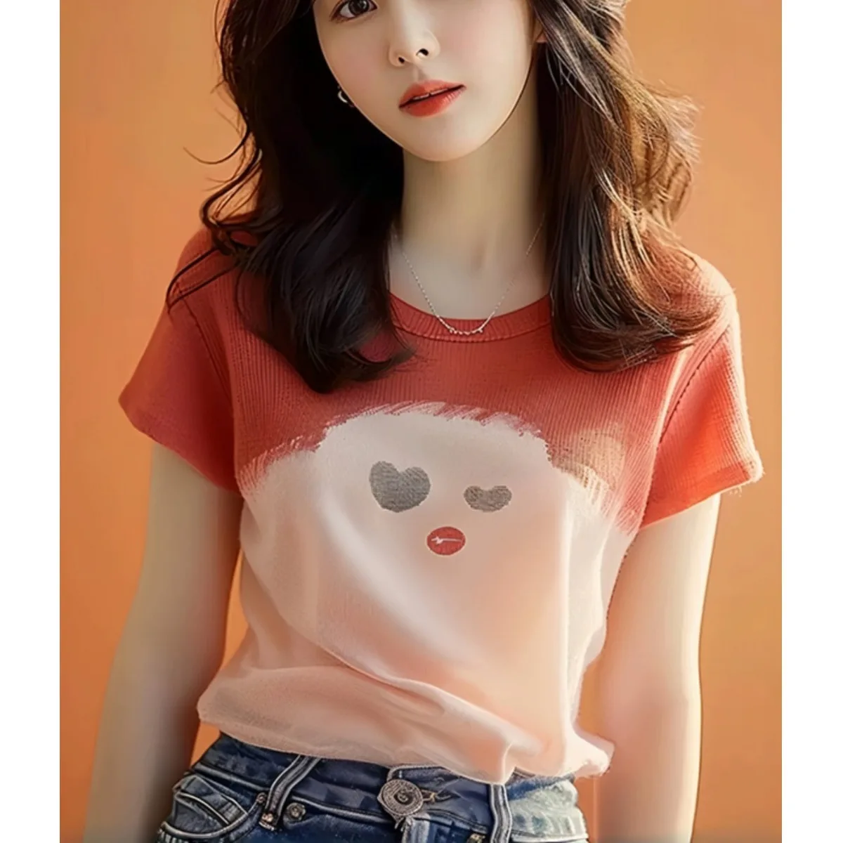 Fashionable Color Block Print Short Sleeve Women's T-shirt Shoulder Width Regular Fit Summer New Style Minimalist High End Fe...
