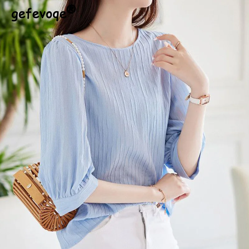 2023 Texture Button Chiffon Shirt Summer Crew Neck Azure Blue Chic Pullover Half Lantern Sleeve Pleated Fashion Women Blouses