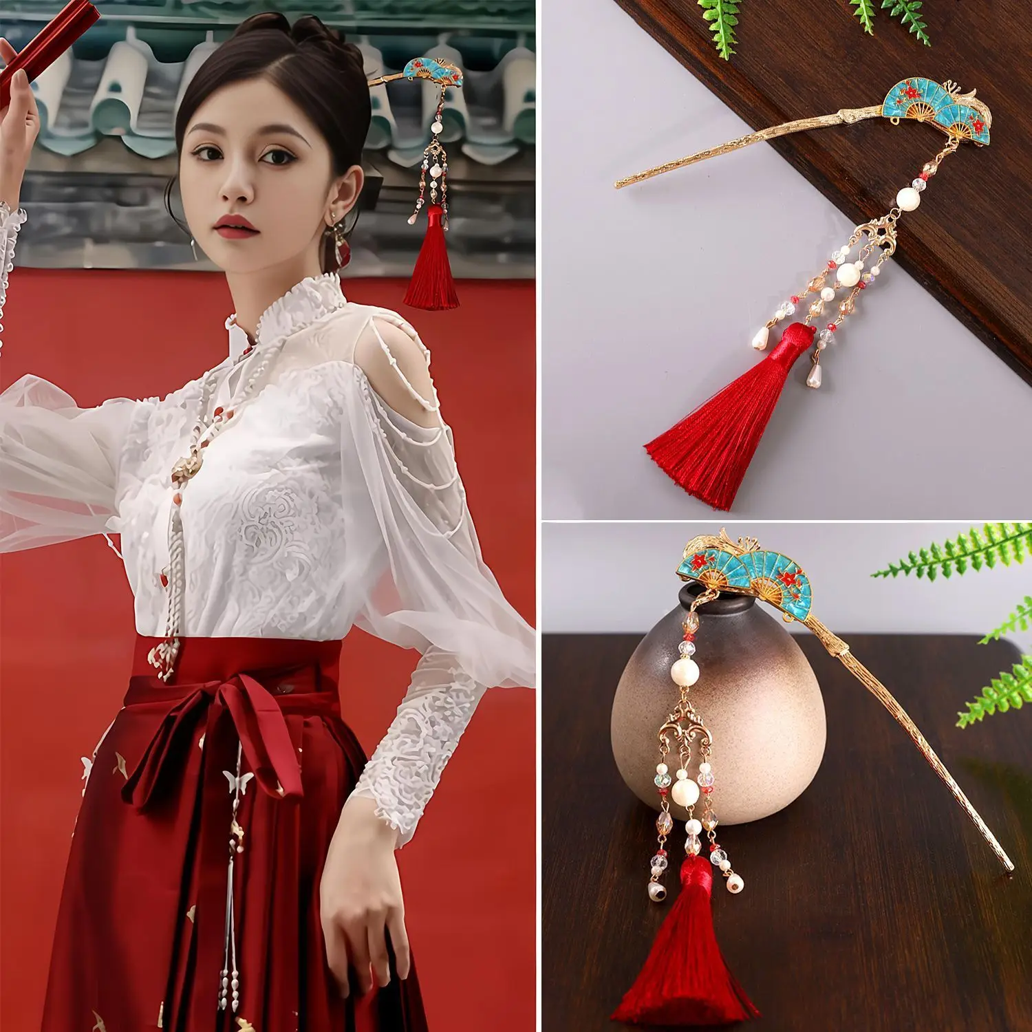 

New Chinese Style Folding Fan Hairpin Step Shake Bride Wedding Xiuhe Hair Accessory Ming Dynasty Tang Style Hairpin Cheongsam