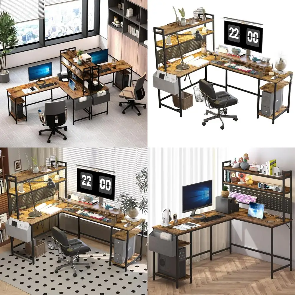 

Угловой стол в деревенском стиле коричневого цвета с розеткой, светодиодной подсветкой, полкой для хранения и подставкой для монитора