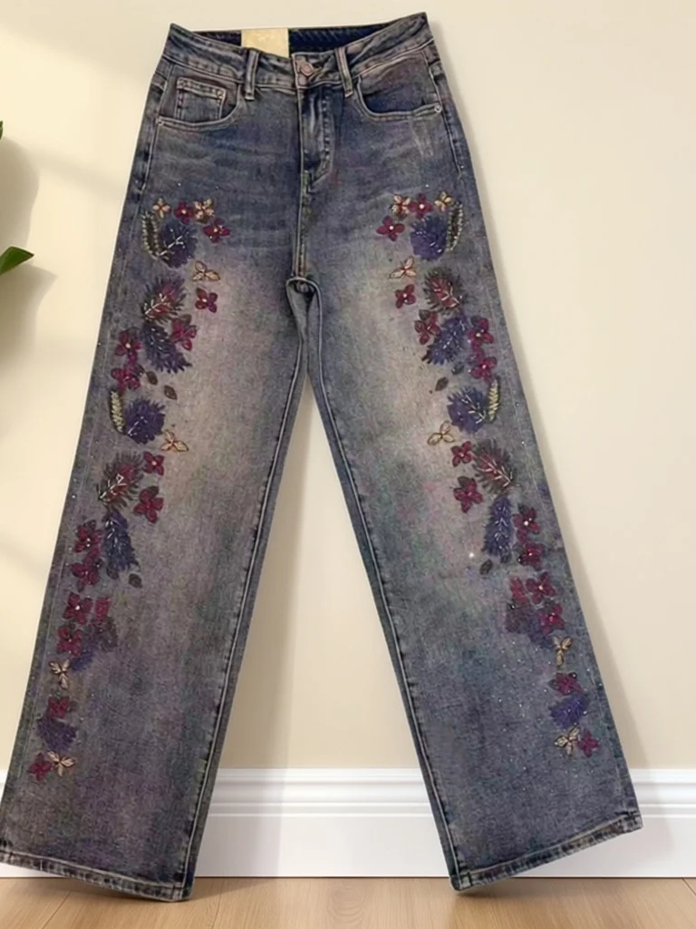 

High Waist Slim Fit Denim Wide Leg Pants Embroidered Rhinestone Decorated Casual Style Spring Collection Adult Size