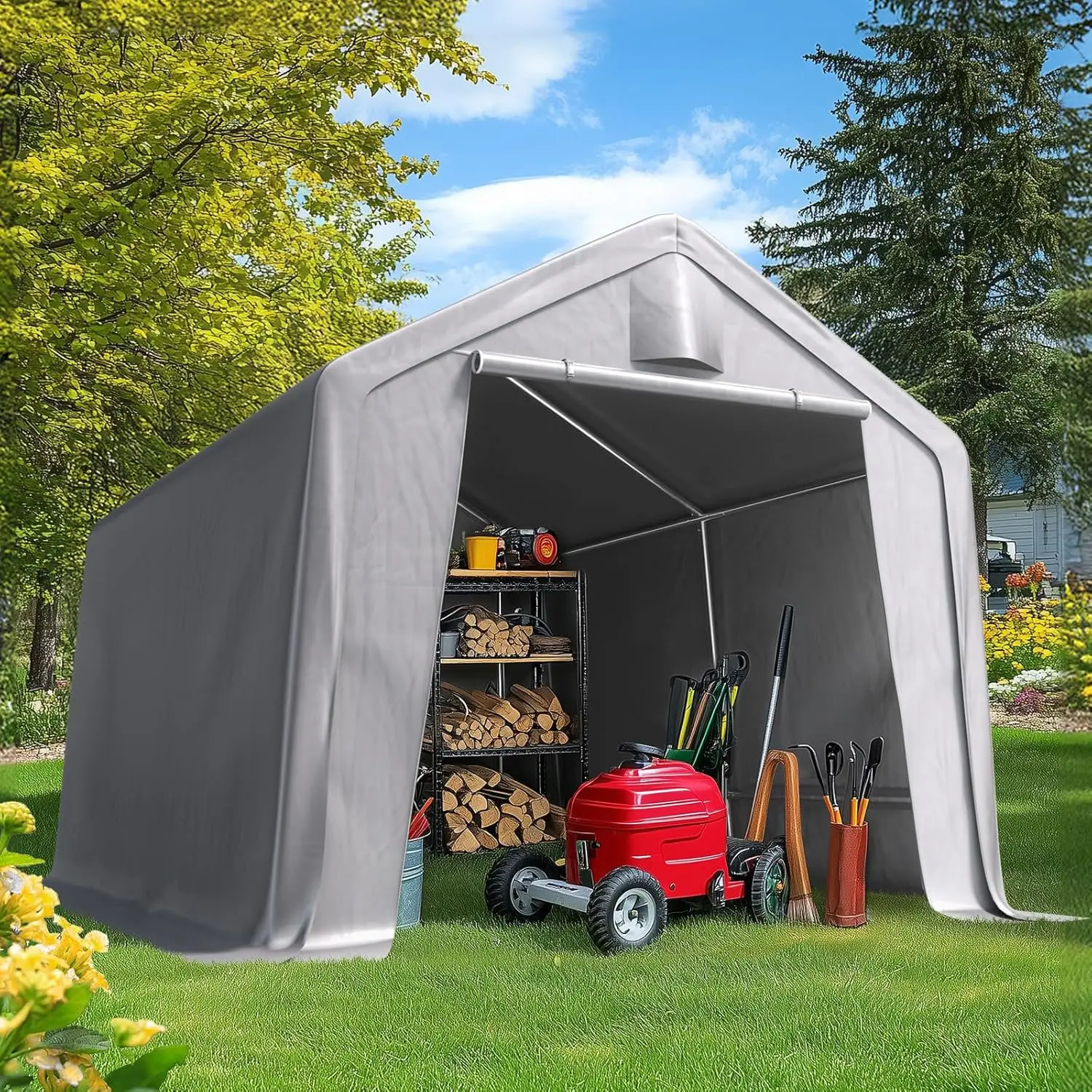 

Heavy Duty 10x12FT Carport Shelter with Roll-Up Mesh Windows & Reinforced Frame, Portable Garage Canopy for Motorcycle S