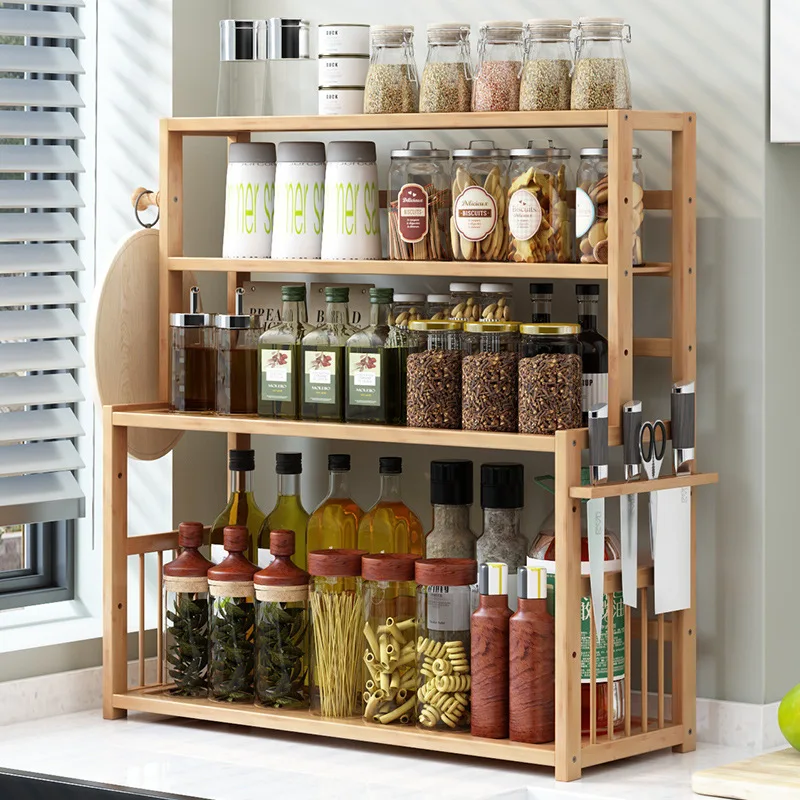 Kitchen organizer Shelf Simple Seasoning Shelving Multi-Layer Oil Salt Sauce Vinegar Storage Shelf Space wooden storage rack