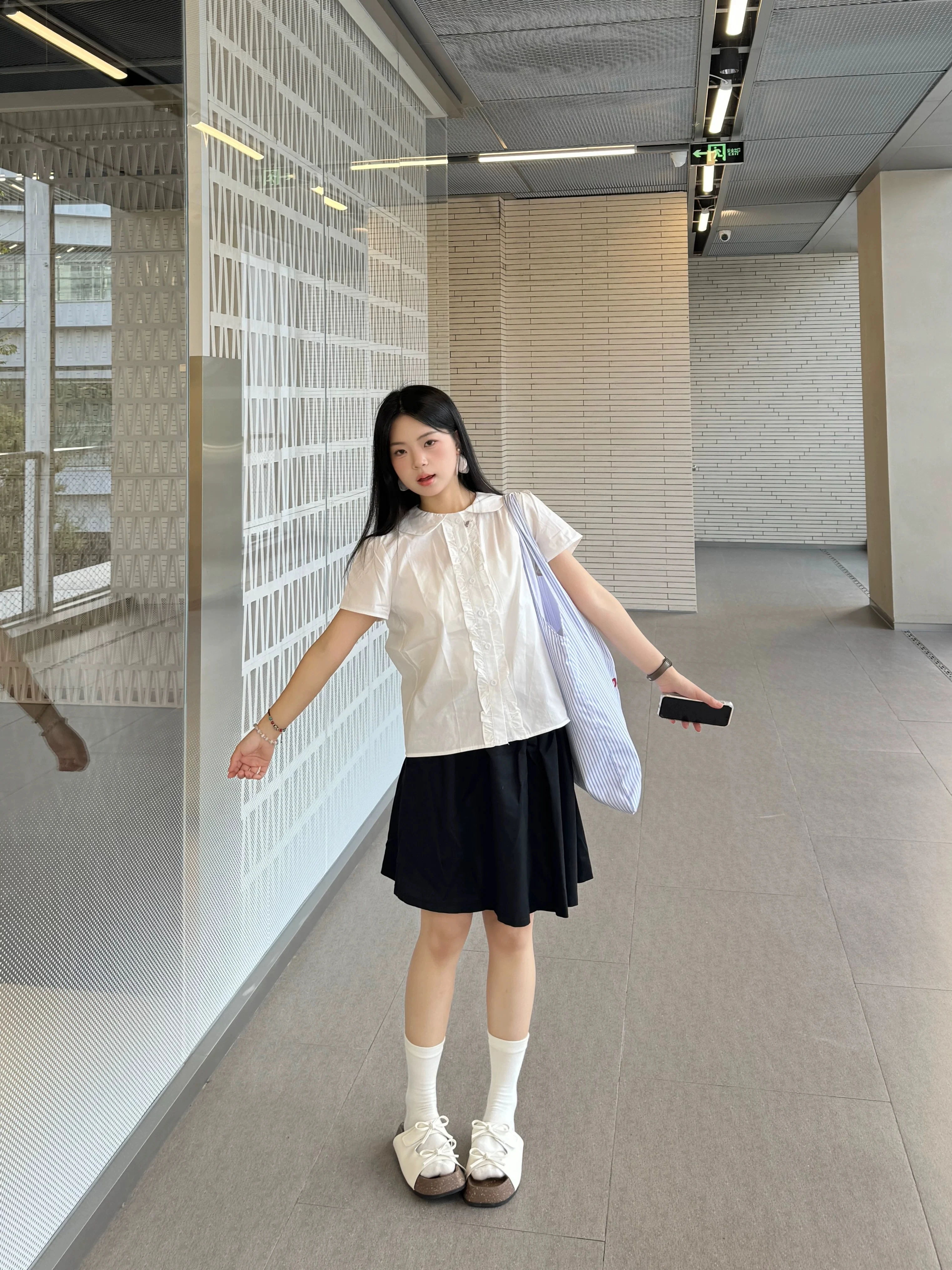 

Sweet Summer Short Sleeve Shirt Collared Flounce Girl's Korean Style Straight Cut Versatile Slimming Top for Young Women