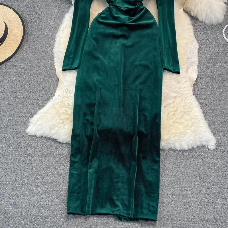 Autumn Winter Green/Black Velvet Long Dress Women Sexy V-Neck High Waist Bodycon Party Vestido Female Slim Maxi Robe New Fashion