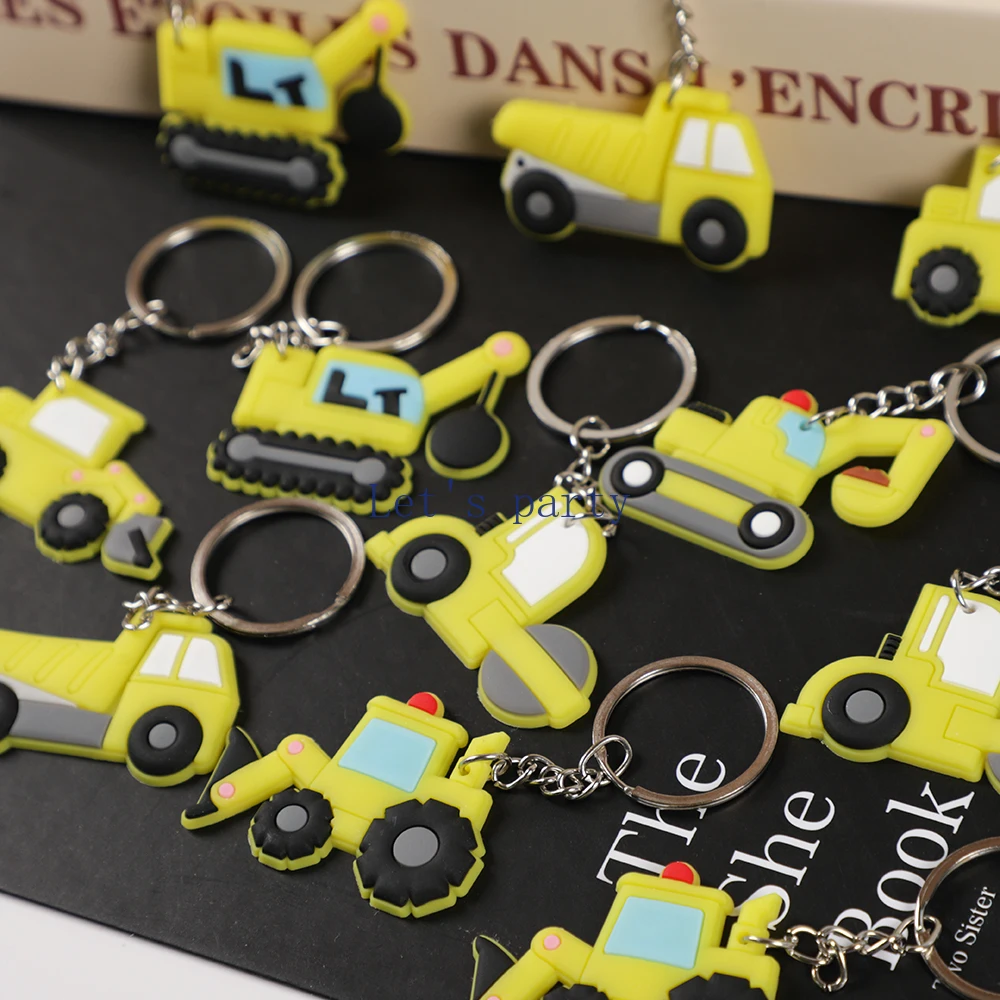 12Pc Cartoon PVC Construction Engineering Vehicle Excavator Keychain Backpack Pendant for Kids Birthday Party Favors Pinata Gift