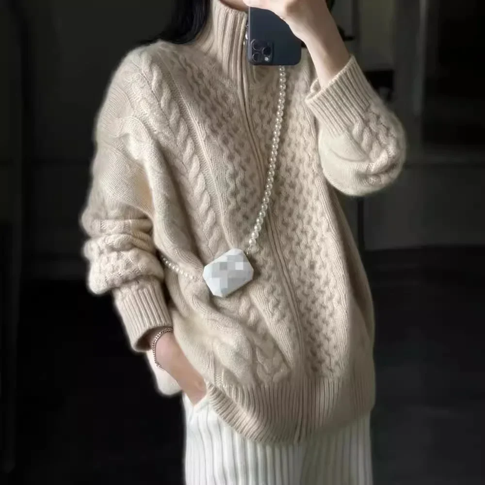 Mulheres camisola de malha sólida com zíper cardigan gola alta grosso manga cheia jumpers suéteres casual splice streetwear outono inverno