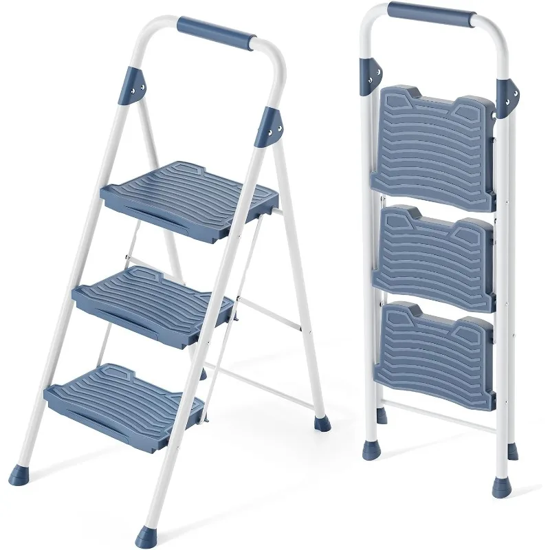 Escalera de 3 escalones, taburete plegable y resistente con pasamanos, pedales anchos antideslizantes para el hogar, garaje, paso de jardín, prueba de 900 libras