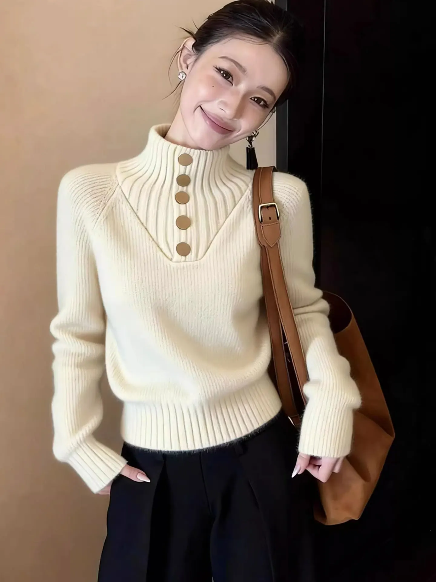 

Ele Pure Color Long Sve Knitted irt Winter 2026 Faionable High-End Korean Sle Commute Warmth Women's Sweater Top