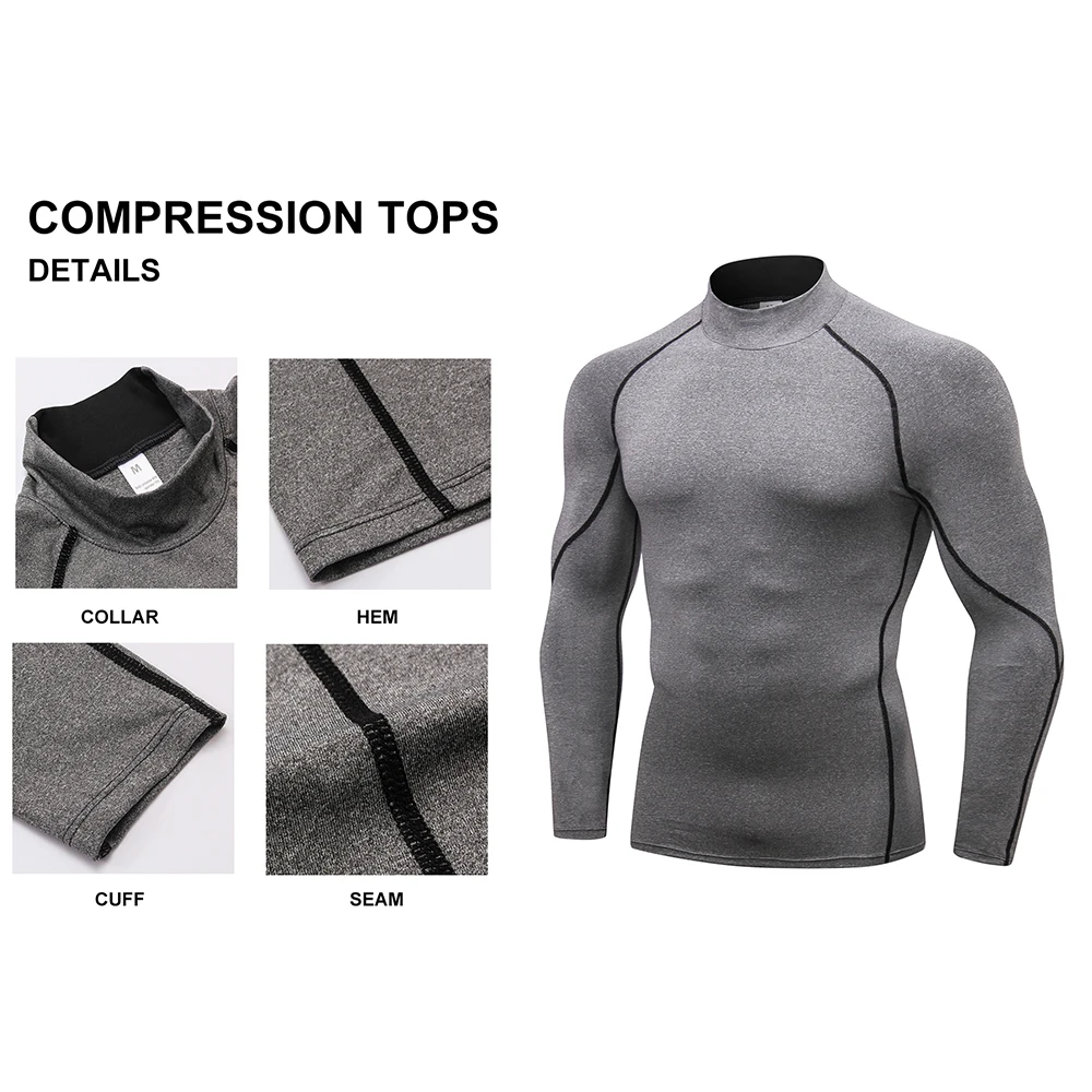 Turtleneck Compression Shirt Men Long Sleeve Workout Undershirts for Men Tights Basketball Running Athletic Base Layer Tops