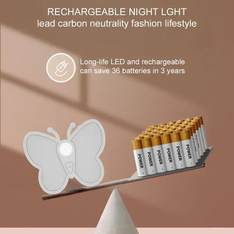 Motion Sensor Light Indoor Butterfly Shape Stick-On Night Light USB Rechargeable Stick on Lights for Stairs Auto/On/Off LED