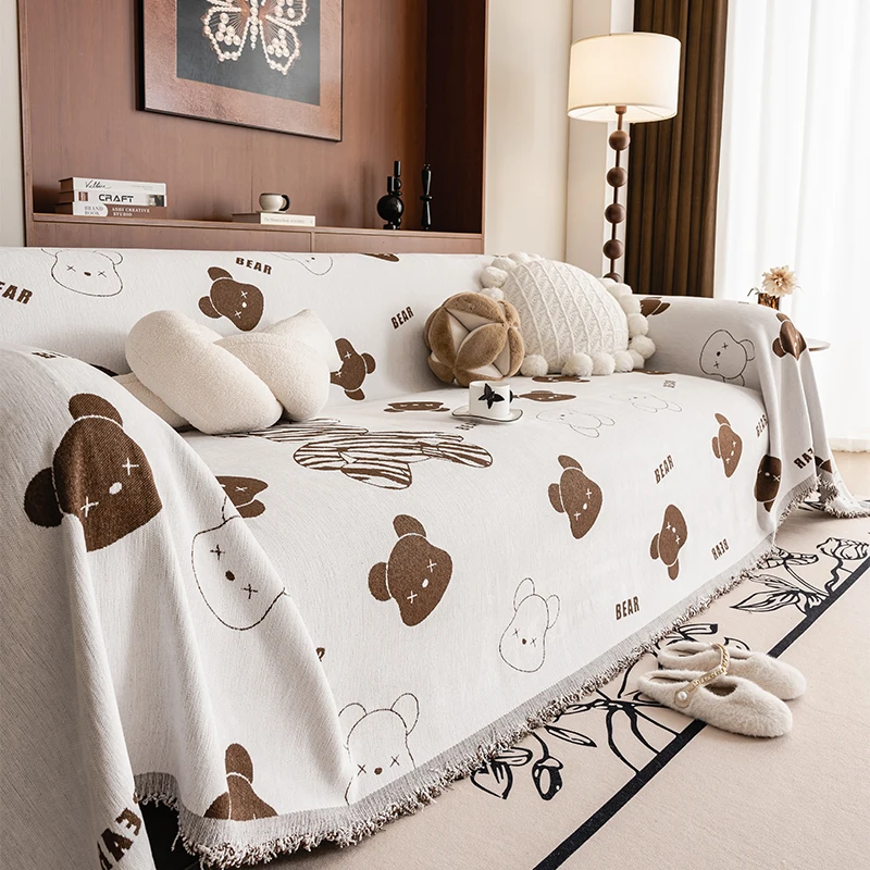 

Jacquard Chenille Sofa Cover One Piece Bedding Cute Cartoon Wind Machine Washable Dustproof Universal Style Easy To Take Care Of