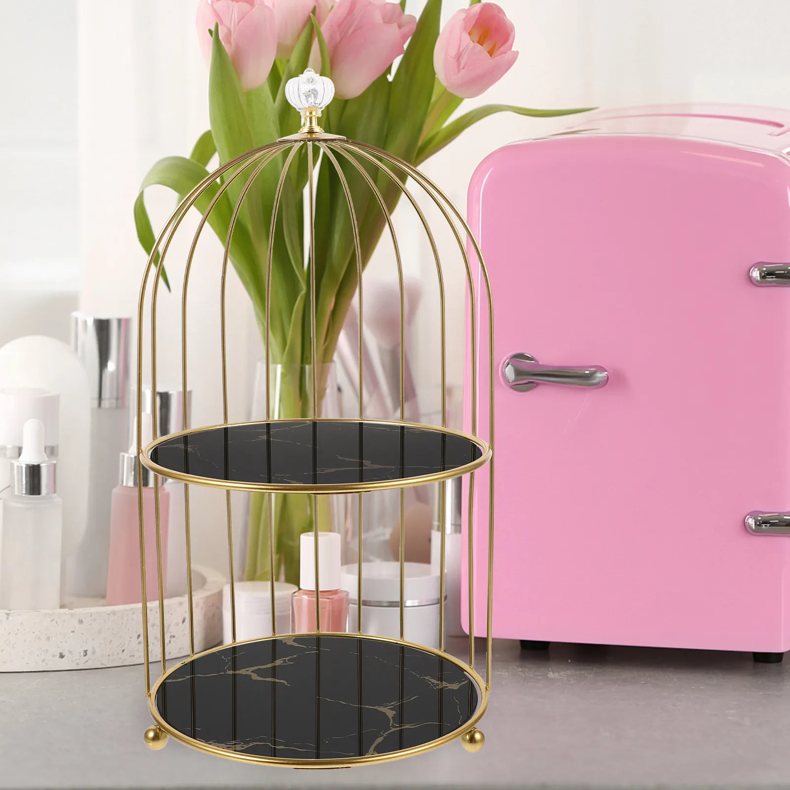 

Bird Cage Makeup Organizer Double Tiers Desktop Rack Stylish Vanity Storage Shelf Bathroom Countertop Perfume Holder
