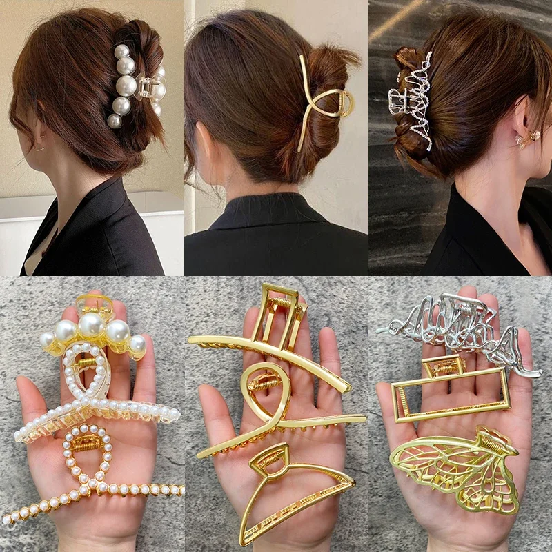 Pearl Hair Claw Set Clip for Women Gold Color Hairpins Metal Hair Accessories Geometric Hollow Pincer Barrette Crystal Clip Big